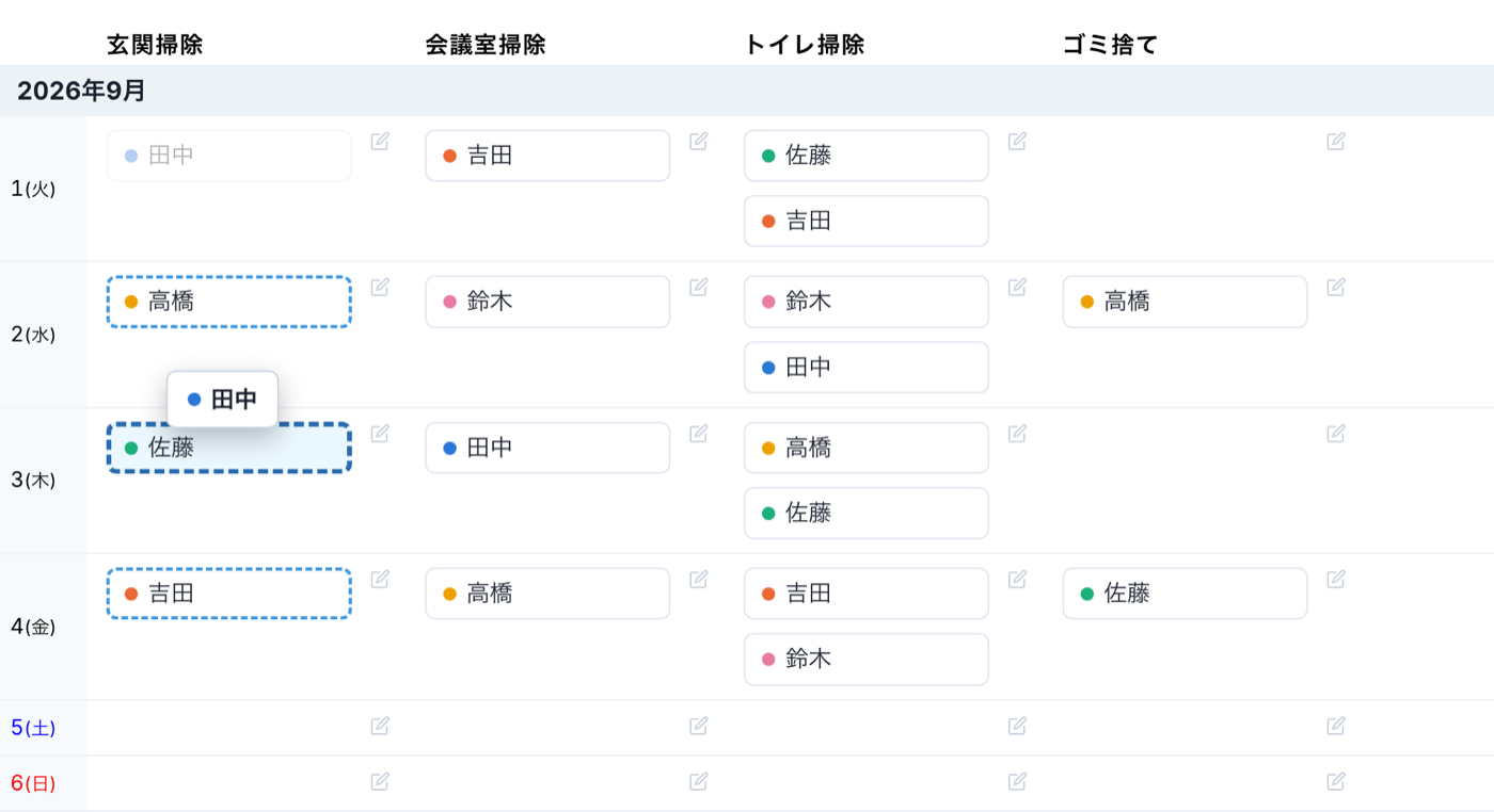 ドラッグ&ドロップで担当者を入れ替える